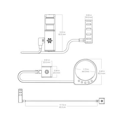 Technische Zeichnung der elektronischen Wasserwaage SCACD-28 mit Maßen
