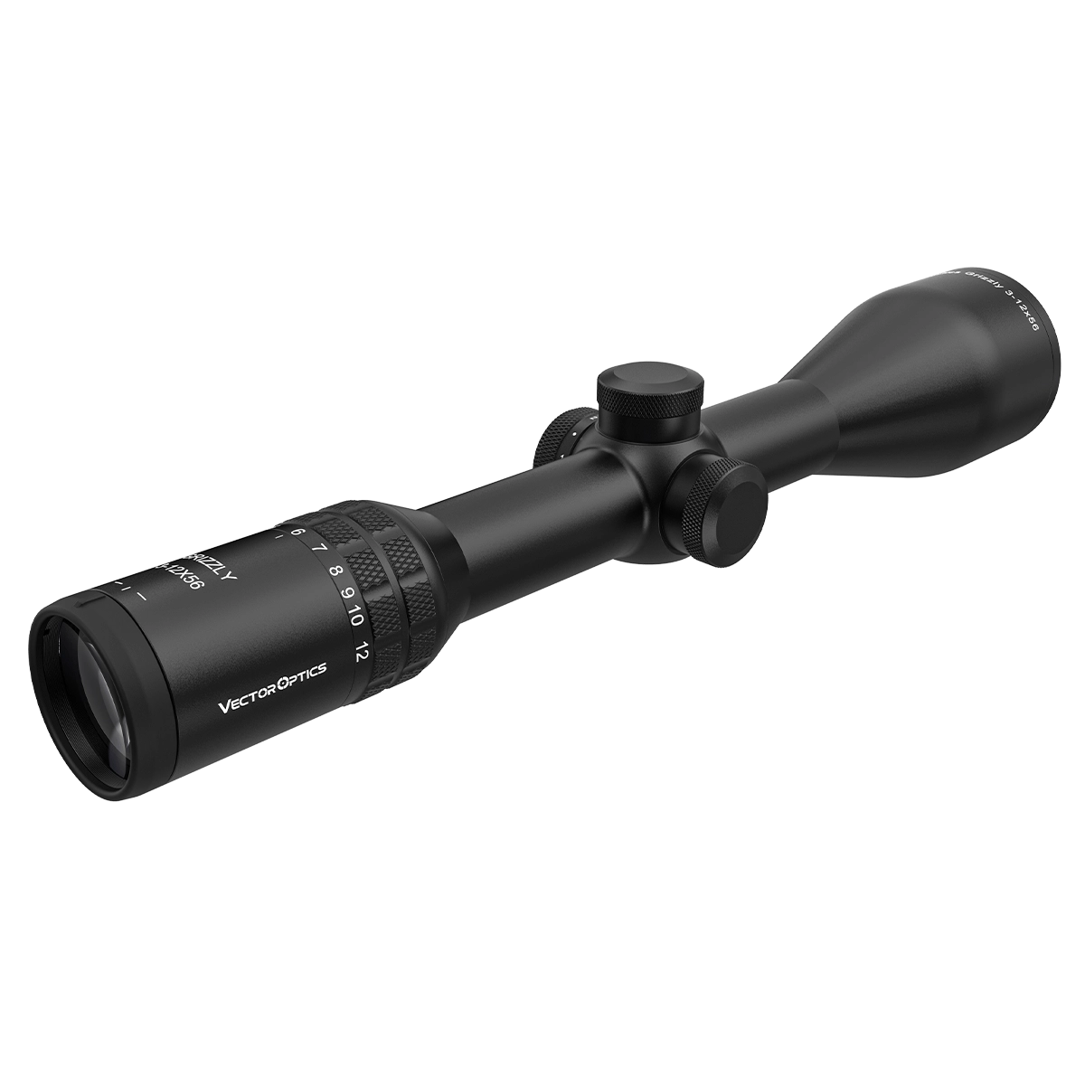 Grizzly Pro 3–12×56i SFP Zielfernrohr mit Vergrößerungsring und Vektor Optics Branding, geeignet für Allround-Jagd und taktische Einsätze.