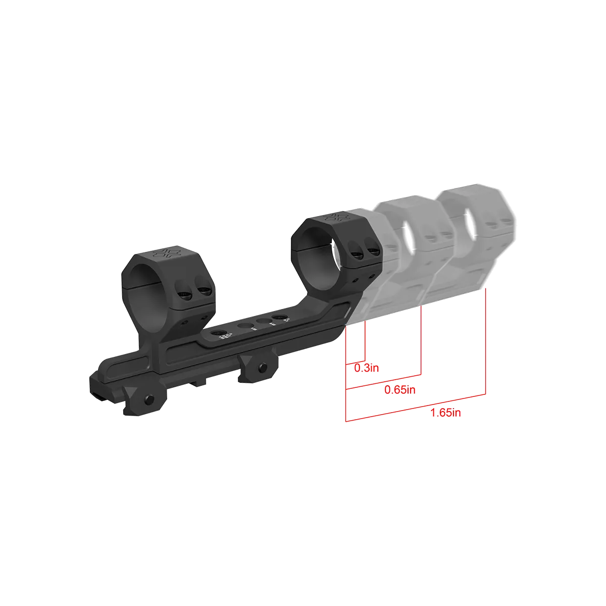 Verlängerbare Cantilever-Montage mit 3 Positionen bis 1.65 Zoll, CNC-Aluminiumkonstruktion für präzise Optikplatzierung.