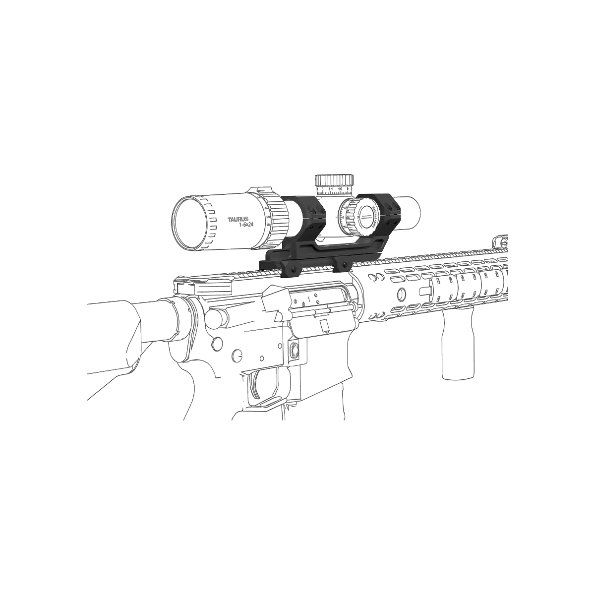 Montagebeispiel der Cantilever Picatinny-Halterung auf einem Gewehr mit Zielfernrohr, zeigt optimale Augenabstandsanpassung.