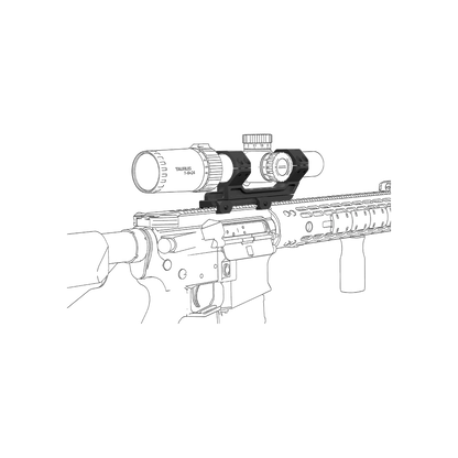 Montagebeispiel der Cantilever Picatinny-Halterung auf einem Gewehr mit Zielfernrohr, zeigt optimale Augenabstandsanpassung.