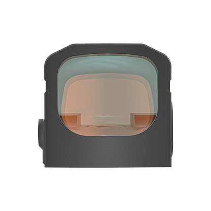 Frontansicht des Frenzy-S Red Dot Visiers mit mehrfach beschichteter Linse. Kompaktes Design für schnelle Zielerfassung.