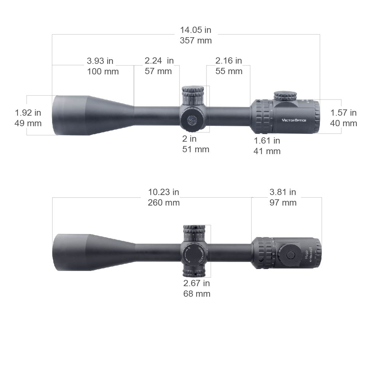 Technische Maße des Matiz 6-18x44 SFP Zielfernrohrs mit detaillierten Längen- und Durchmesserangaben für Montageplanung.