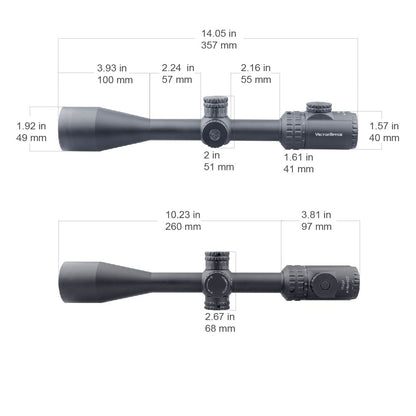 Technische Maße des Matiz 6-18x44 SFP Zielfernrohrs mit detaillierten Längen- und Durchmesserangaben für Montageplanung.