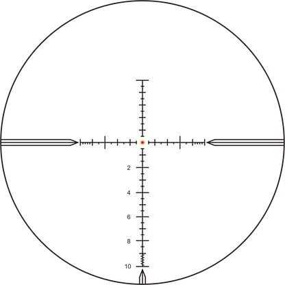 MPX1 FFP-Absehen des Tauron 3-18x50 GenII mit rotem Leuchtpunkt und präziser Skala für taktische Zielerfassung auf große Distanzen.