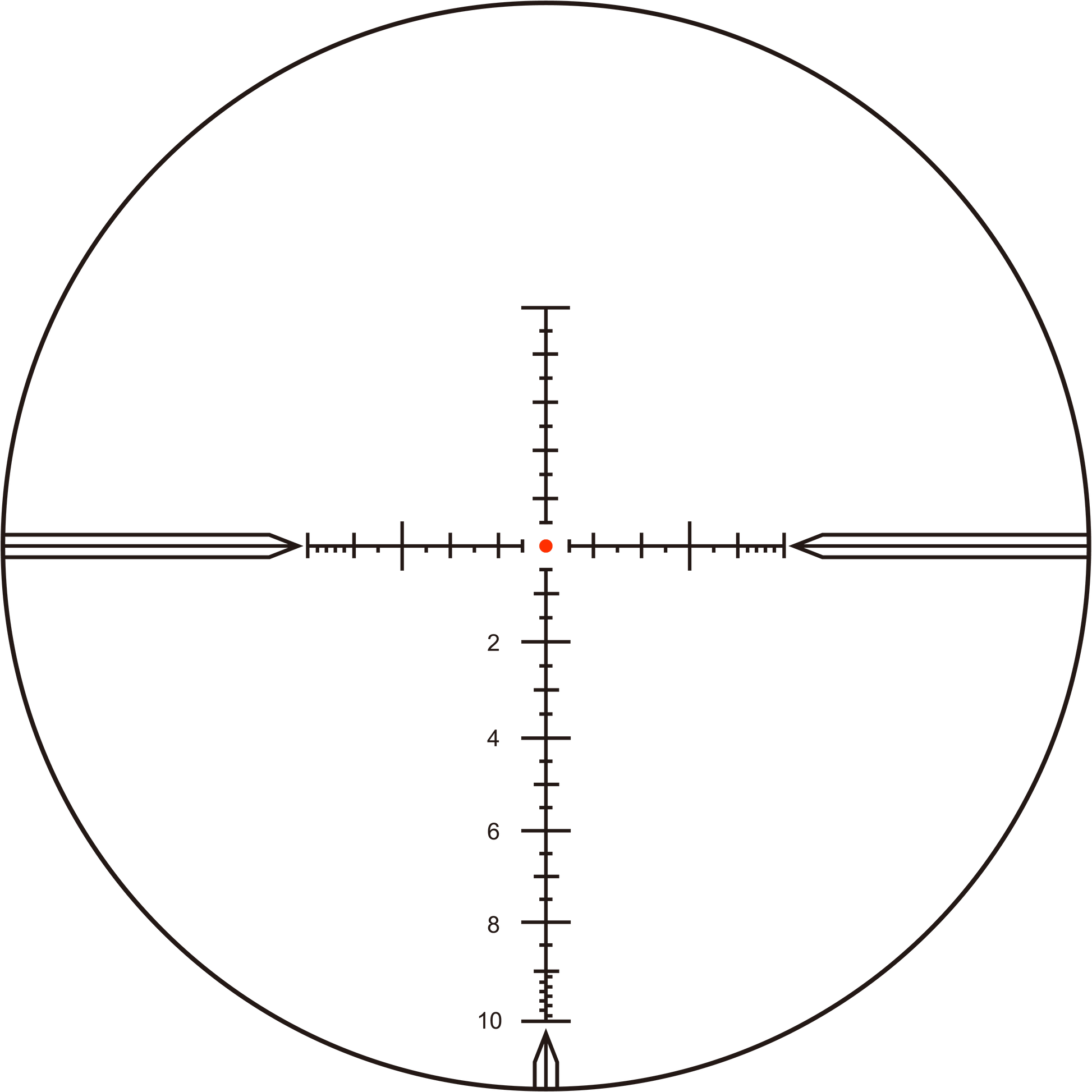 MPX1-Absehen des Tauron 5-30x56 Zielfernrohrs FFP mit feiner Skala und beleuchtetem Zielpunkt für präzises Zielen auf große Distanzen.