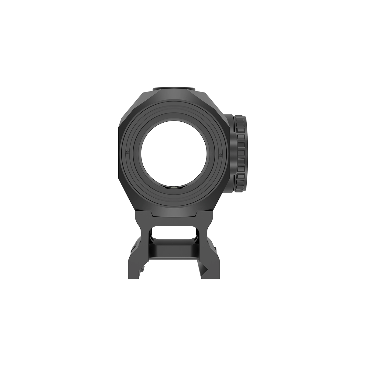 Frontansicht des Scrapper 1×25 Mini Rotpunktvisiers mit klarer Optik und stabiler Montagebasis für präzise Zielaufnahme.