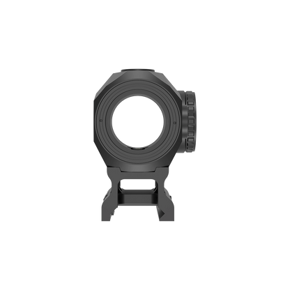 Frontansicht des Scrapper 1×25 Mini Rotpunktvisiers mit klarer Optik und stabiler Montagebasis für präzise Zielaufnahme.