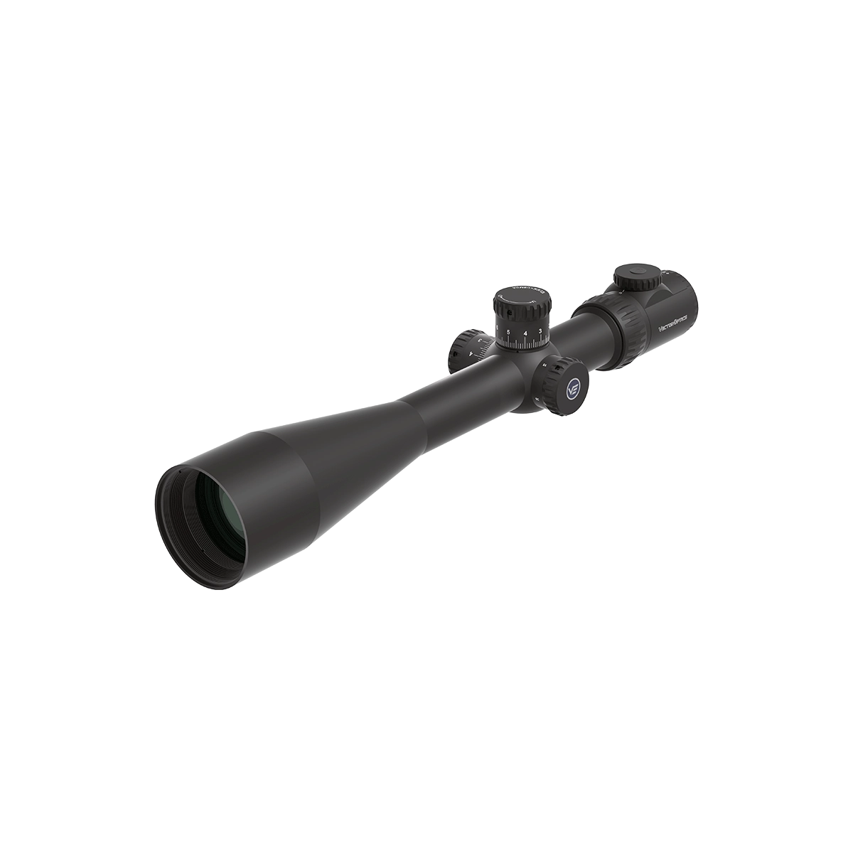 Seitliche Perspektive des Minotaur 12-60x60 GenII SFP Zielfernrohrs mit verstellbaren Türmen für Field Target-Anwendungen.