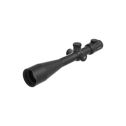 Seitliche Perspektive des Minotaur 12-60x60 GenII SFP Zielfernrohrs mit verstellbaren Türmen für Field Target-Anwendungen.