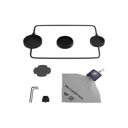 Lieferumfang des Vector Optics Tauron 2-16x50 HD SFP inklusive Flip-Up-Caps, Reinigungstuch, Inbusschlüssel und Honigwabenfilter für optimalen Schutz.