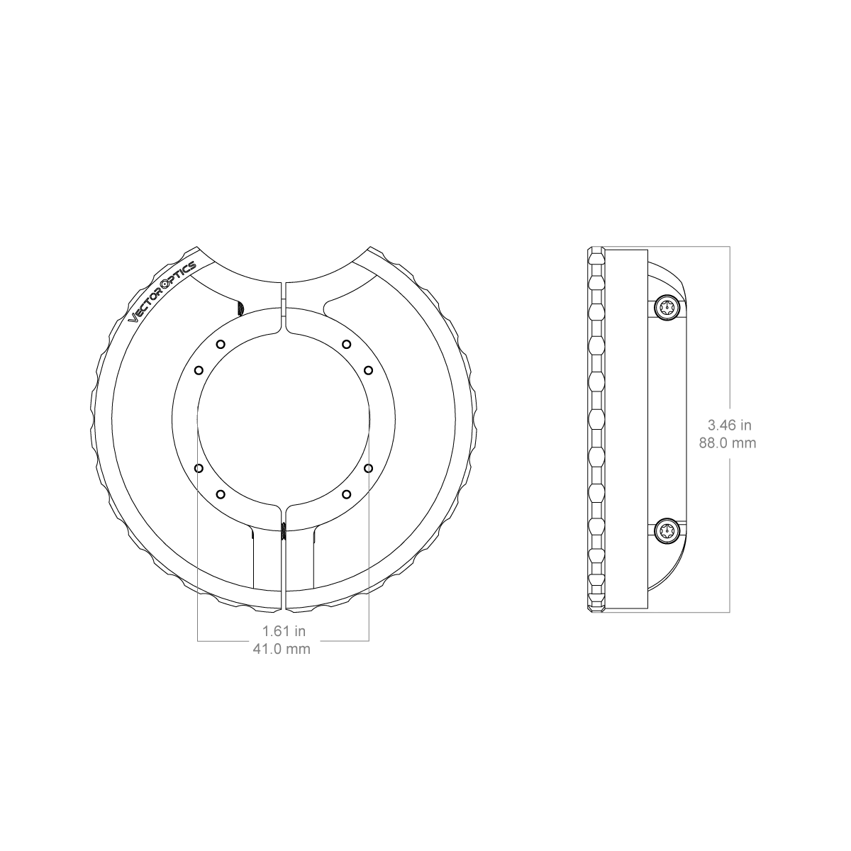 Technische Zeichnung des Parallaxenrads Tauron Serie mit Maßen