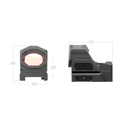 Frenzy-X 1×19×26 GenII - Vector Optics | Technische Abmessungen des Red Dot Visiers mit Höhen- und Breitenangaben für Pistolenkompatibilität.