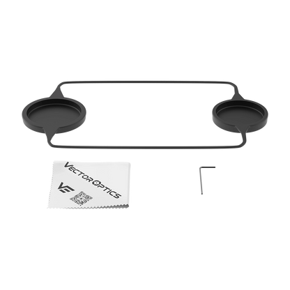 Lieferumfang des Matiz 3–9x50 SFP (SCOM-28) mit Schutzkappen, Reinigungstuch und Werkzeug für sofortige Einsatzbereitschaft.