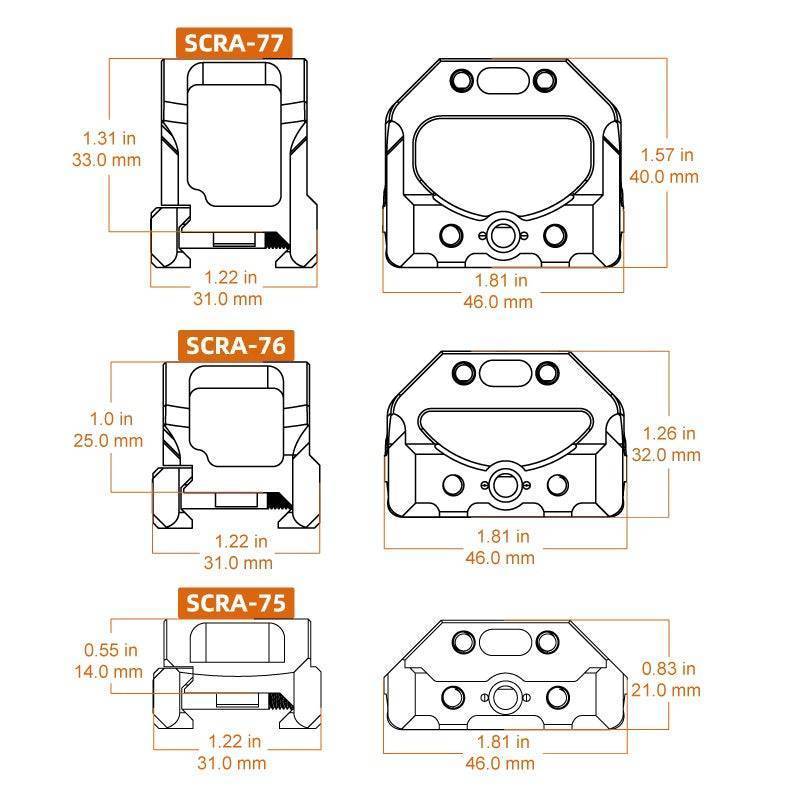 Technische Zeichnung der VAS™ Universalmontagen SCRA-75, SCRA-76 und SCRA-77 mit Höhenangaben für Picatinny Red Dot Sight Montage