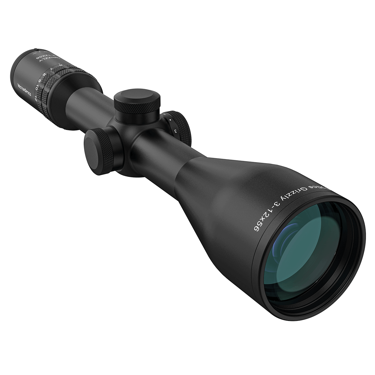 Detailansicht des Grizzly Pro Zielfernrohrs mit 3–12-facher Vergrößerung und 56mm Objektiv für klare Sicht bei der Jagd. Ideal für MPVO SFP Anwendungen.