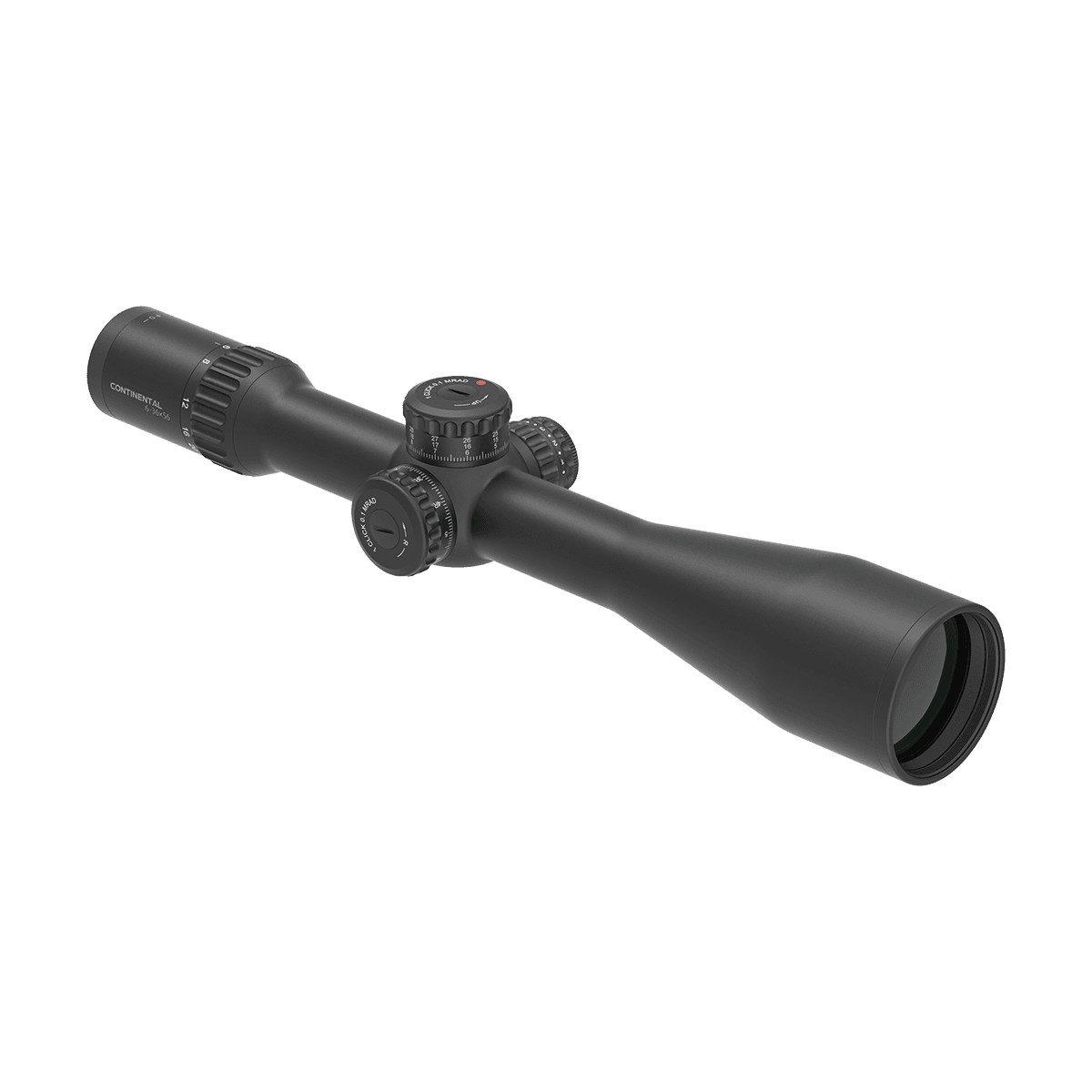 Schrägansicht des PRS Zielfernrohrs Continental 6-36x56 FFP SCFF-70 mit fein einstellbaren Türmen für präzise Schüsse auf weite Distanzen.