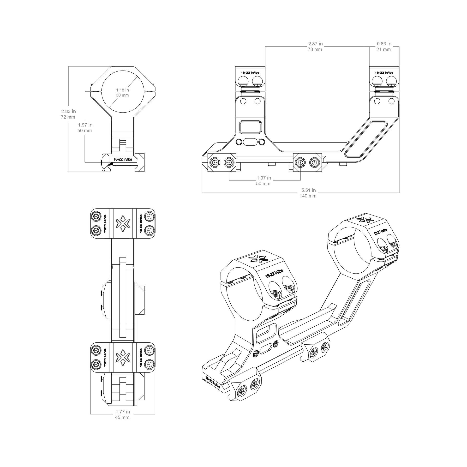 Technische Zeichnung der 30mm AR Picatinny Cantilever Montierung mit Maßangaben, ideal für Optikzubehör-Konfiguration