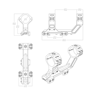 Technische Zeichnung der 30mm AR Picatinny Cantilever Montierung mit Maßangaben, ideal für Optikzubehör-Konfiguration