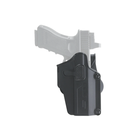 Universalholster GPHR-01 aus robustem Polymer für Rechtshänder mit Pistole, ideal für taktische Einsätze, Jagd und Sportschützen.