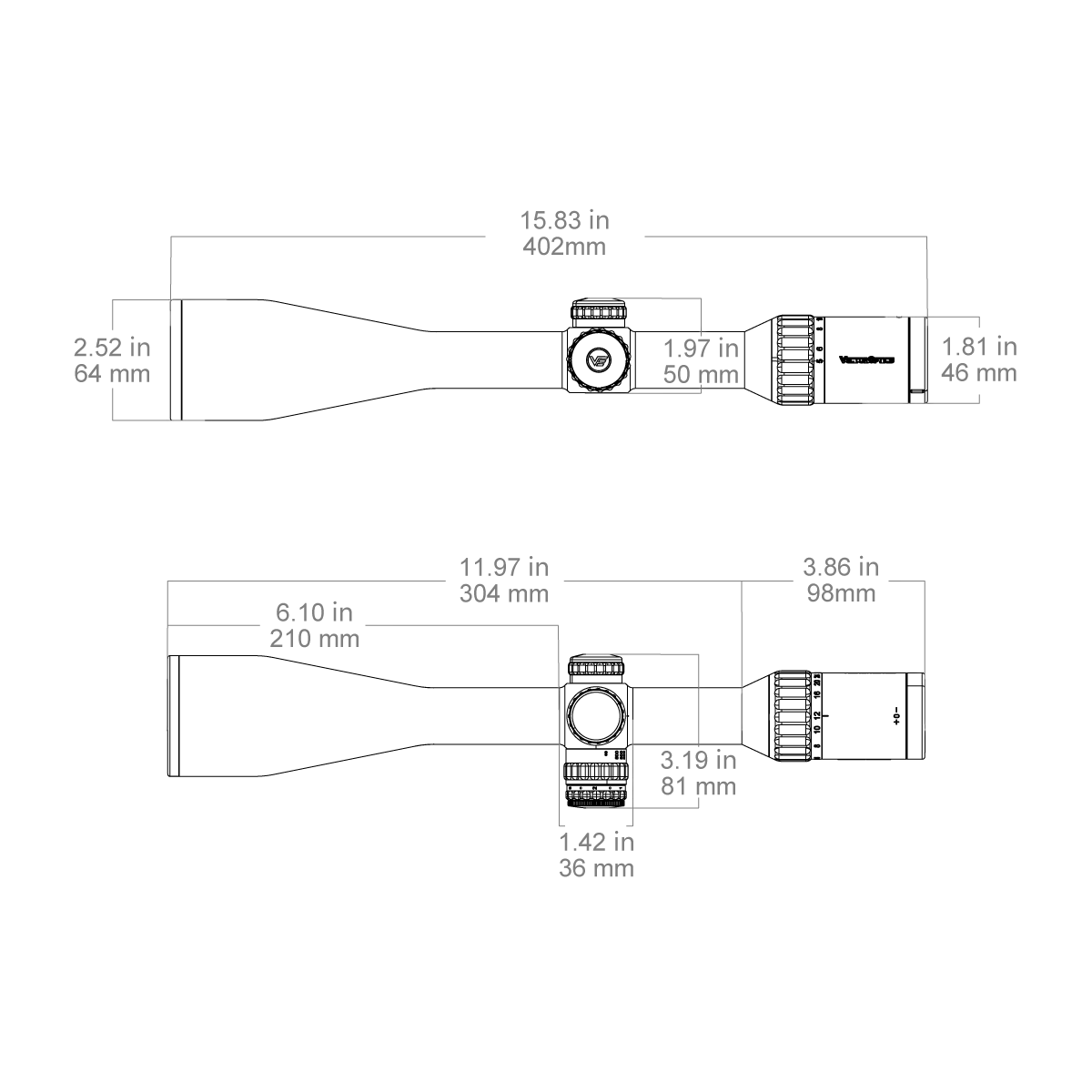Technische Zeichnung des Continental x6 5-30x56 SFP Fiber SCOL-66 mit Maßangaben für Montage und Kompatibilität mit Jagdwaffen.