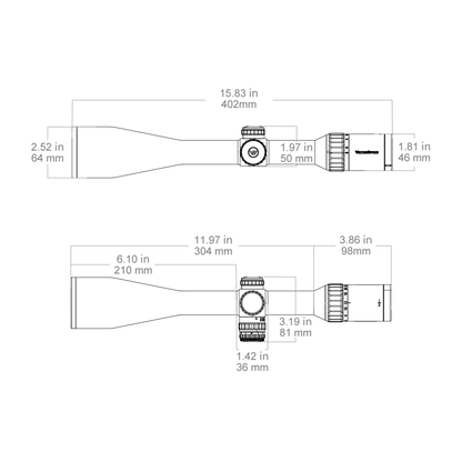 Technische Zeichnung des Continental x6 5-30x56 SFP Fiber SCOL-66 mit Maßangaben für Montage und Kompatibilität mit Jagdwaffen.