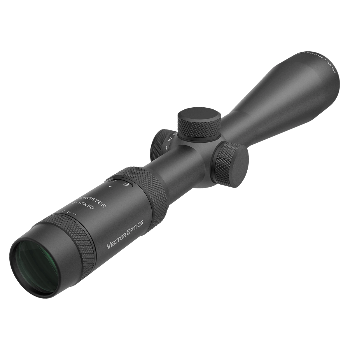 Vector Optics Forester Zielfernrohr 3-15x50 SFP mit griffigen Verstelltürmen und 30mm Mittelrohr für zuverlässige Zielgenauigkeit.