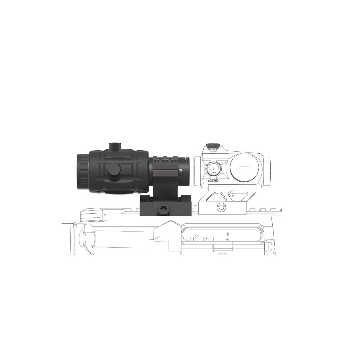 Technische Seitenansicht des 3x Magnifier Maverick SCMF-11 mit Montageprofil. Präzise Optik für taktische Einsätze.