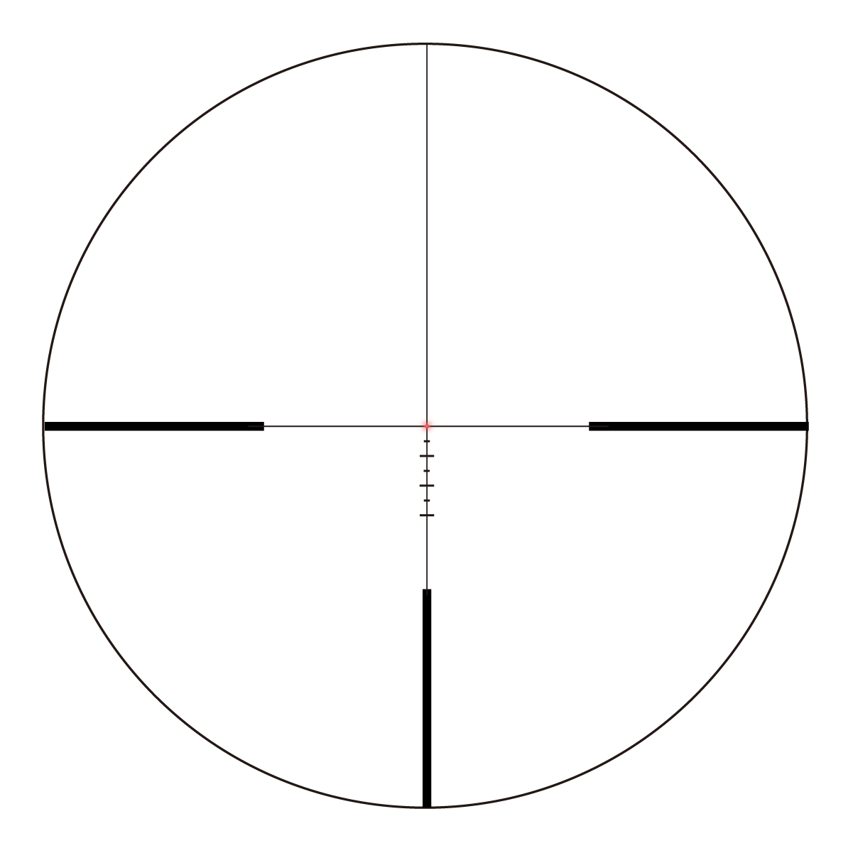 Einfaches taktisches Absehen mit rotem Leuchtpunkt des Continental X6 1–6×24 Zielfernrohrs für schnelle Zielerfassung bei 1× Zoom.