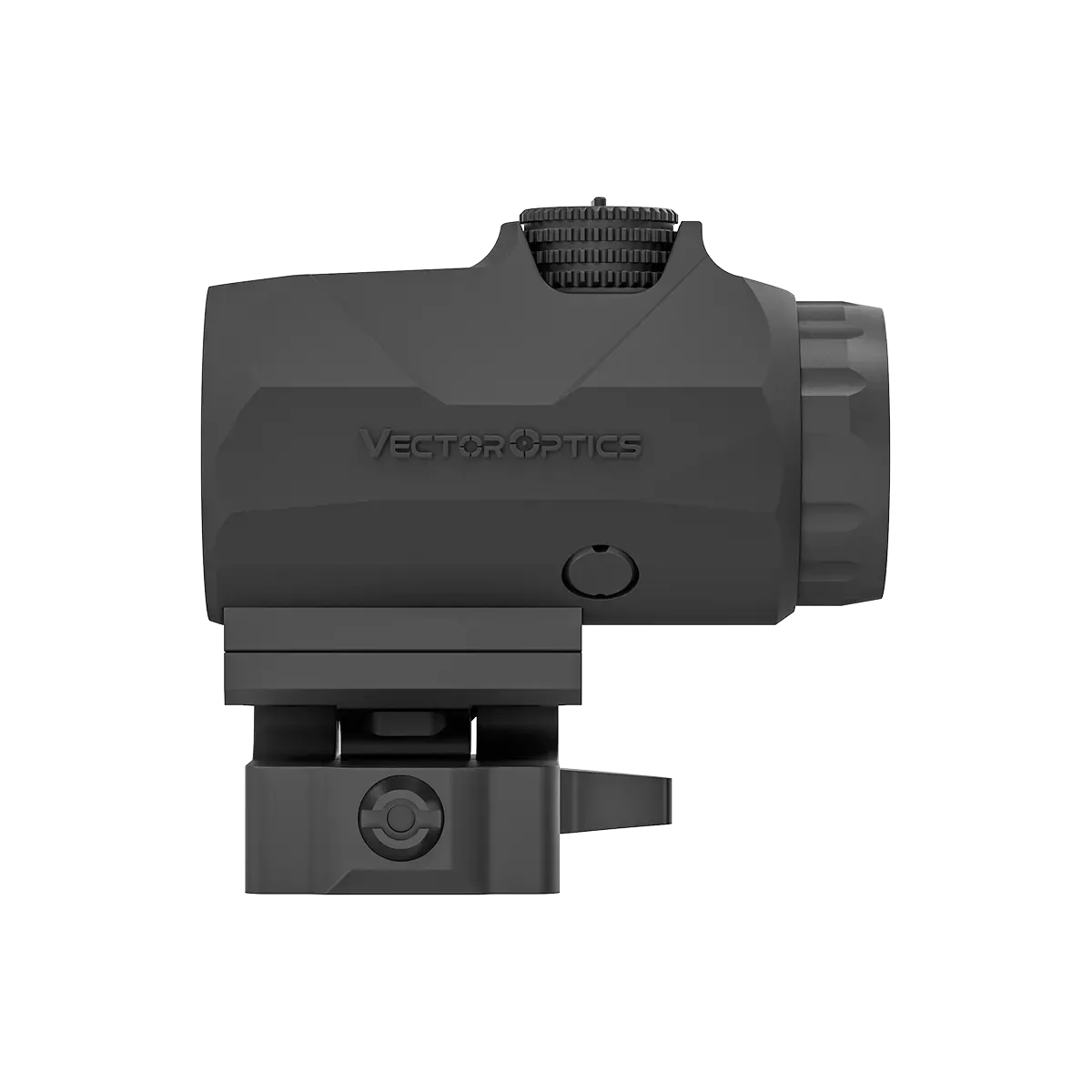 Linke Seitenansicht des Maverick-IV 3x22 Magnifier mit Vector Optics Logo, ideal für präzise Zieloptik-Erweiterung.