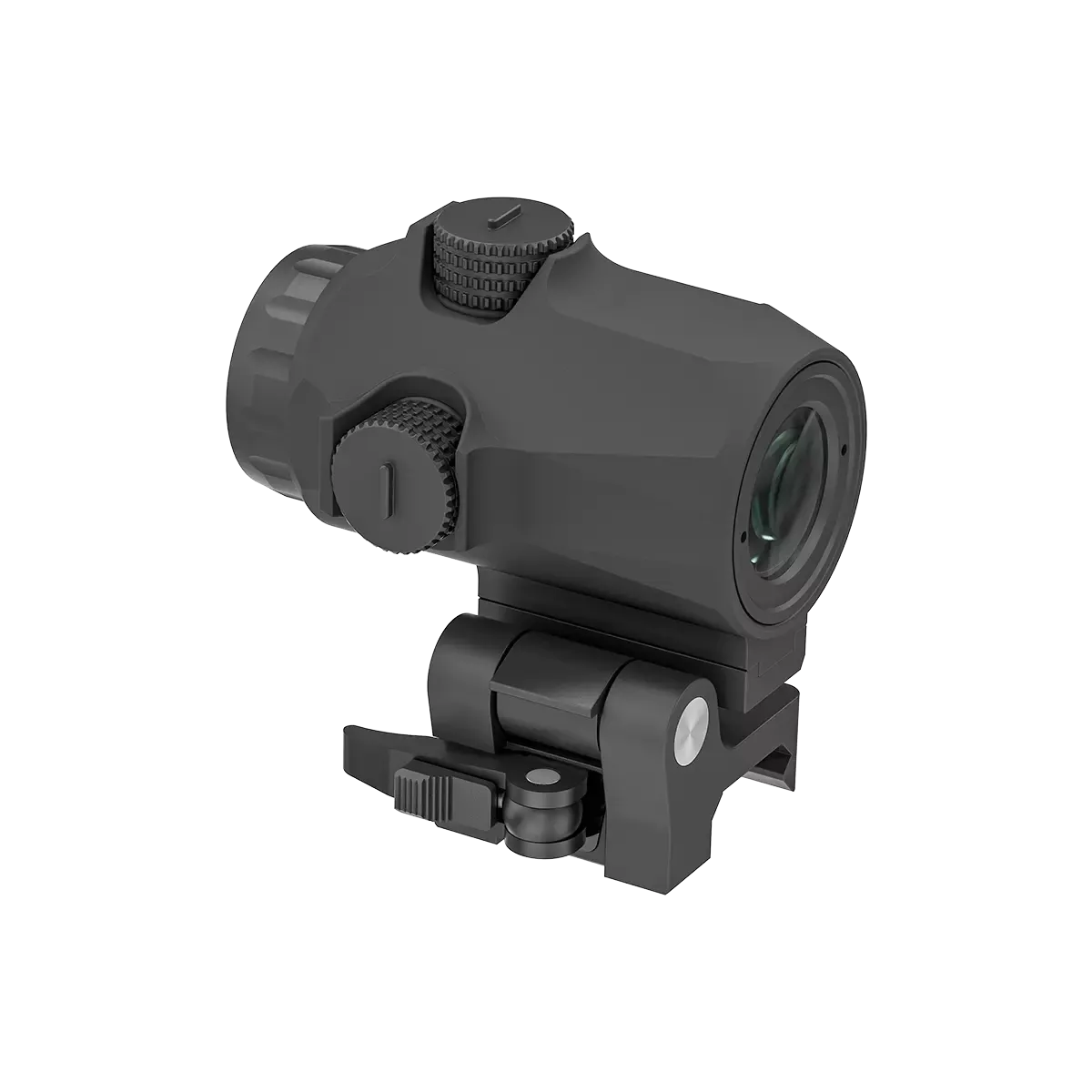 Seitliche Ansicht des Maverick-IV 3x22 Magnifier mit klappbarer Montage, perfektes Zubehör für Zieloptiken mit 70 mm Augenabstand.