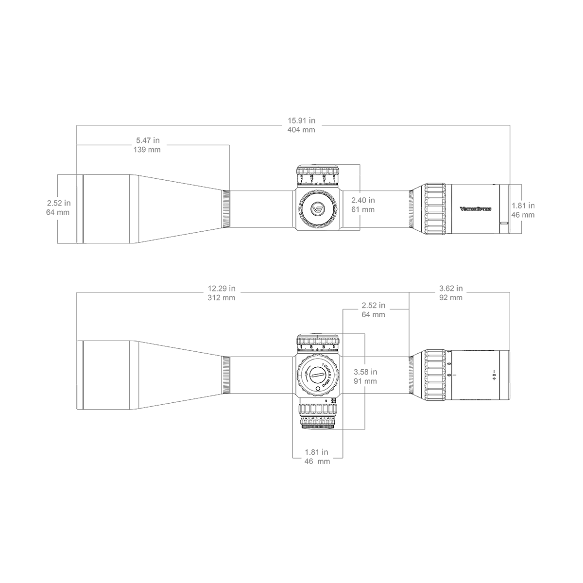 Technische Zeichnung des PRS Zielfernrohrs Continental 6-36x56 FFP SCFF-70 mit genauen Abmessungen für Montage und Kompatibilität.