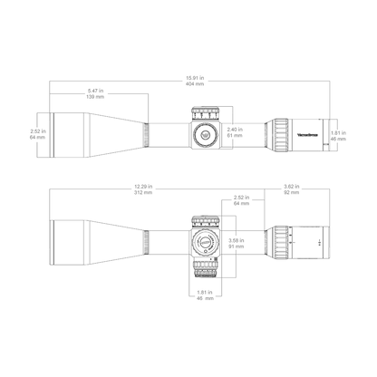 Technische Zeichnung des PRS Zielfernrohrs Continental 6-36x56 FFP SCFF-70 mit genauen Abmessungen für Montage und Kompatibilität.