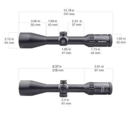 Technische Zeichnung des Continental X6 2–12×50 Zielfernrohrs mit genauen Abmessungen für Montage und Kompatibilität auf Jagdwaffen.