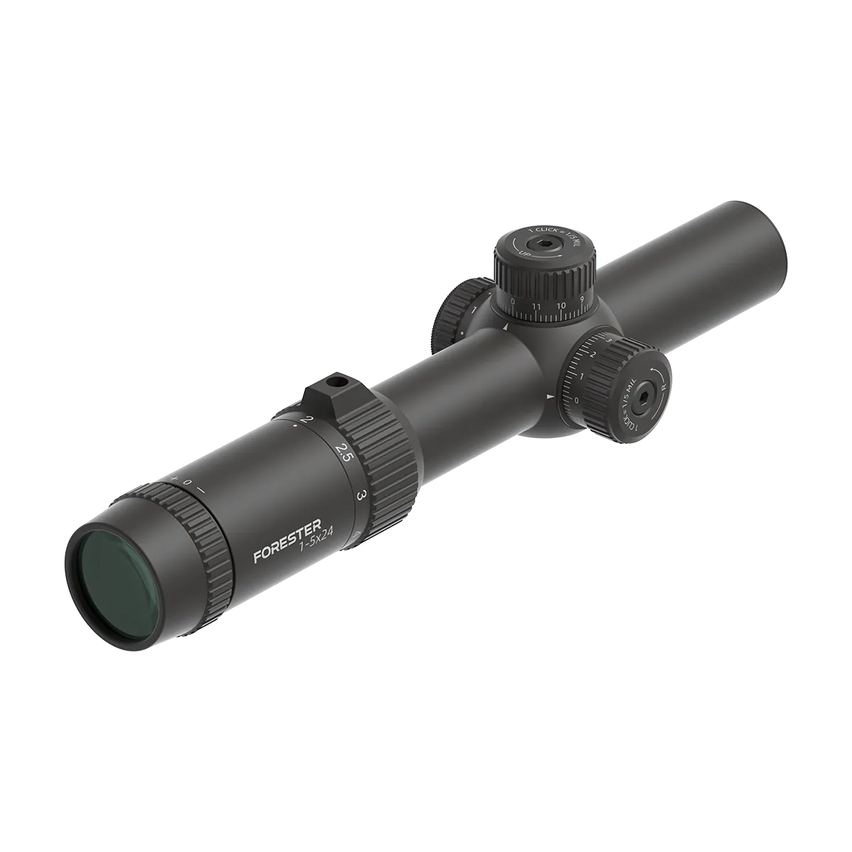 Vector Optics Forester 1-5x24 SFP Fiber Zielfernrohr mit stufenlosem Zoom und G4-Absehen für taktische Anwendungen und Jagd.