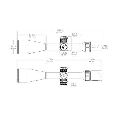 Technische Zeichnung des Continental x8 6-48x56 ED MIL Zielfernrohrs mit Maßangaben für präzise Montage und Anwendung.