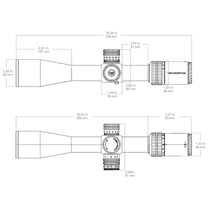 Technische Zeichnung des Orion Pro 3-18x50 SFP Zielfernrohrs mit Maßangaben zur optimalen Montage auf der Waffe.