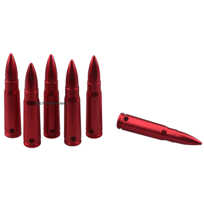 Lange Übungspatronen in Rot für Gewehrkaliber. Aluminium-Snap Caps mit Bohrungen zur sicheren Unterscheidung von echter Munition.