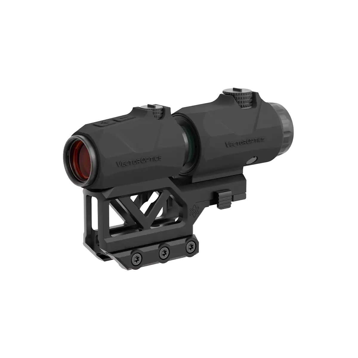 Maverick One-Piece Flip-Magnifier (VOGP-02 / XASR-RM01) mit stabiler Magnifier Montage für Gewehre von Vector Optics in Seitenansicht montiert.