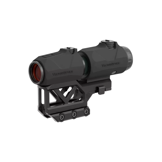 Maverick One-Piece Flip-Magnifier (VOGP-02 / XASR-RM01) mit stabiler Magnifier Montage für Gewehre von Vector Optics in Seitenansicht montiert.