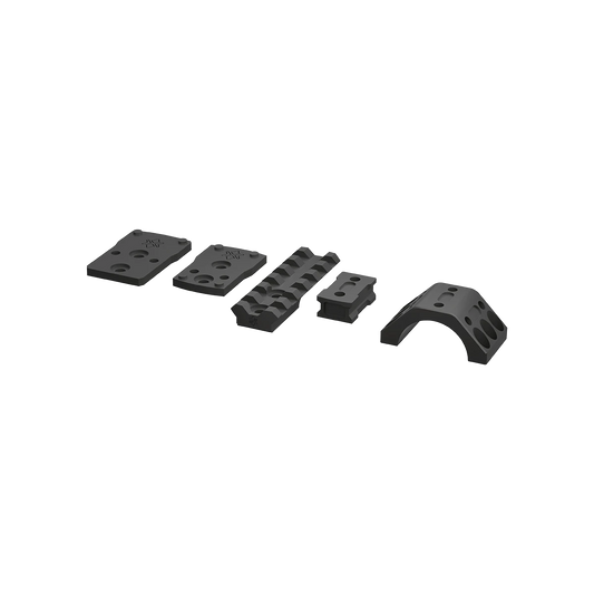 X-Accu Montageset für 30mm/34mm Tubus von Vector Optics mit fünf Aluminiumteilen für Picatinny-Schienen, kompatibel mit XASR-Montagen.