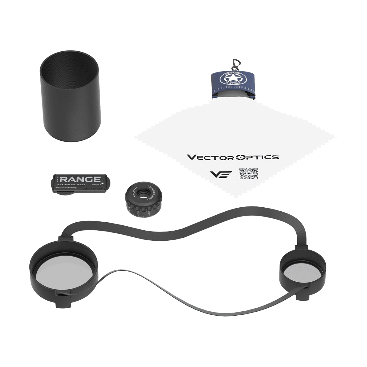 Lieferumfang des PRS Zielfernrohrs Continental 6-36x56 FFP SCFF-70 mit Schutzkappen, Reinigungstuch, Sonnenblende und Zubehör für sofortige Nutzung.