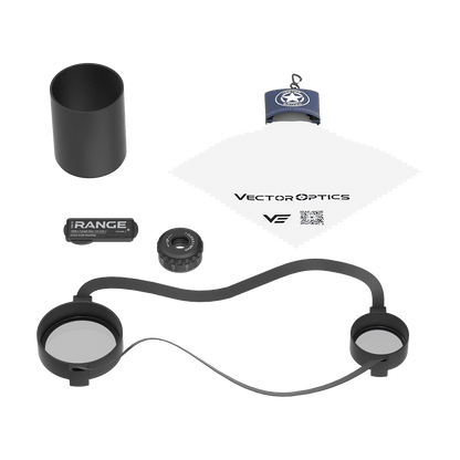 Lieferumfang des PRS Zielfernrohrs Continental 6-36x56 FFP SCFF-70 mit Schutzkappen, Reinigungstuch, Sonnenblende und Zubehör für sofortige Nutzung.
