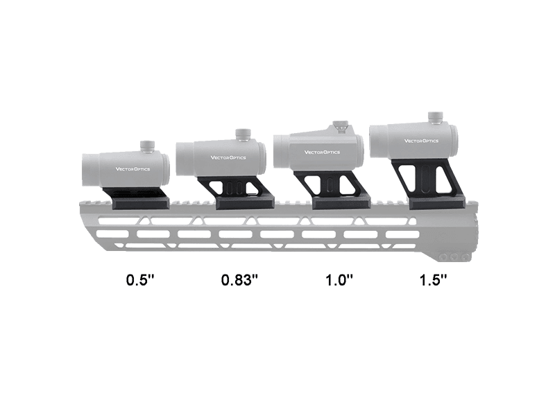 Vergleich verschiedener Riser Mount Höhen inklusive MAV-P05 mit 12,8 mm, ideal zur Anpassung von Zieloptiken auf Picatinny-Schienen.