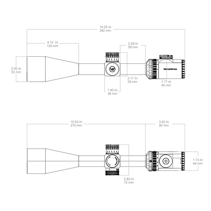 Technische Zeichnung des Hugo 6-24x50GT SFP Zielfernrohrs mit genauen Maßangaben in Zoll und Millimeter für Montageplanung.