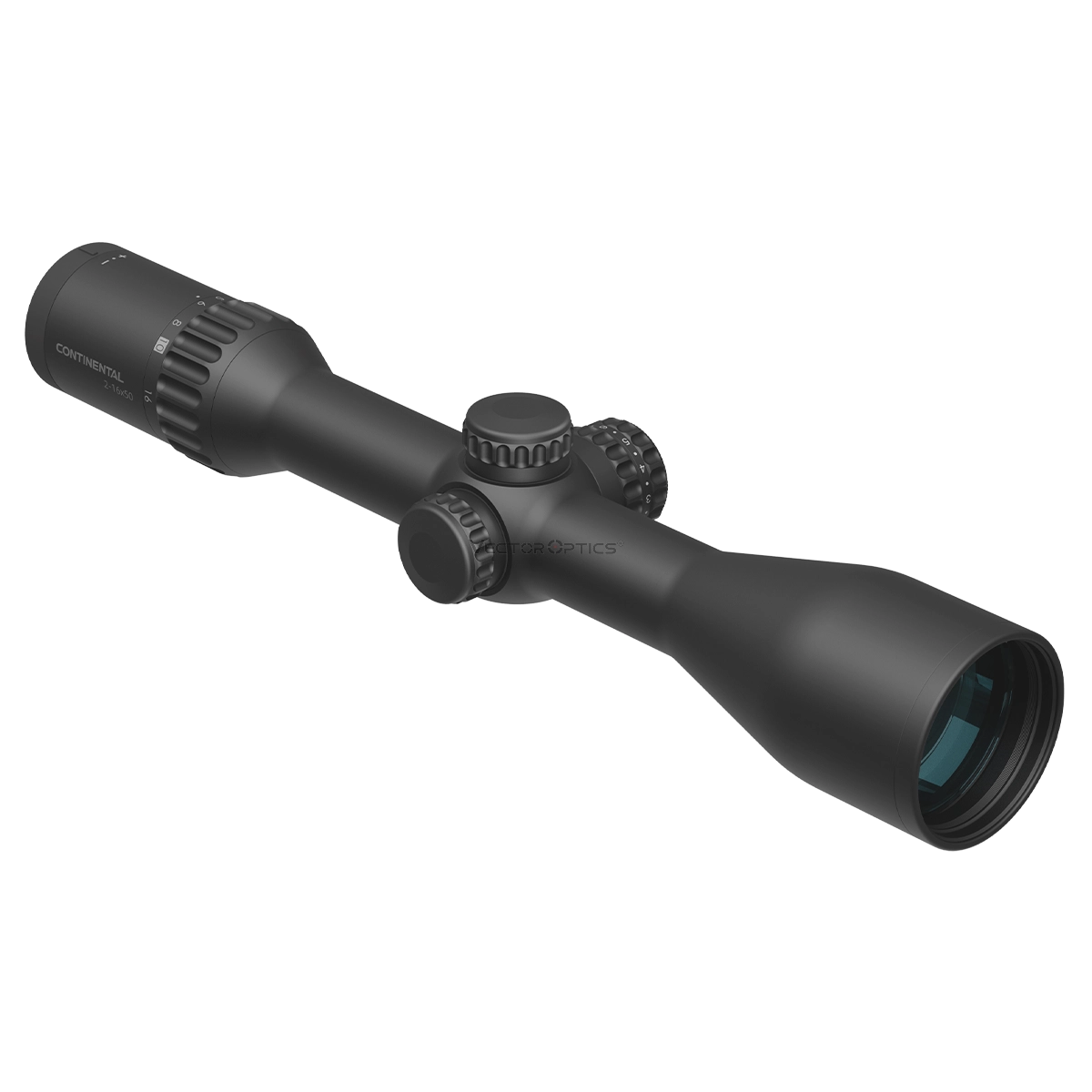 Schrägansicht des Vector Optics Continental x8 2-16x50 SFP mit großem Objektiv für klare Sicht und präzise Zielerfassung bei jeder Entfernung.