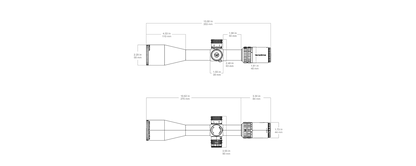 Technische Zeichnung des Orion Pro Max 6-24x50 MIL Zielfernrohrs mit genauen Abmessungen für Montage und Planung.