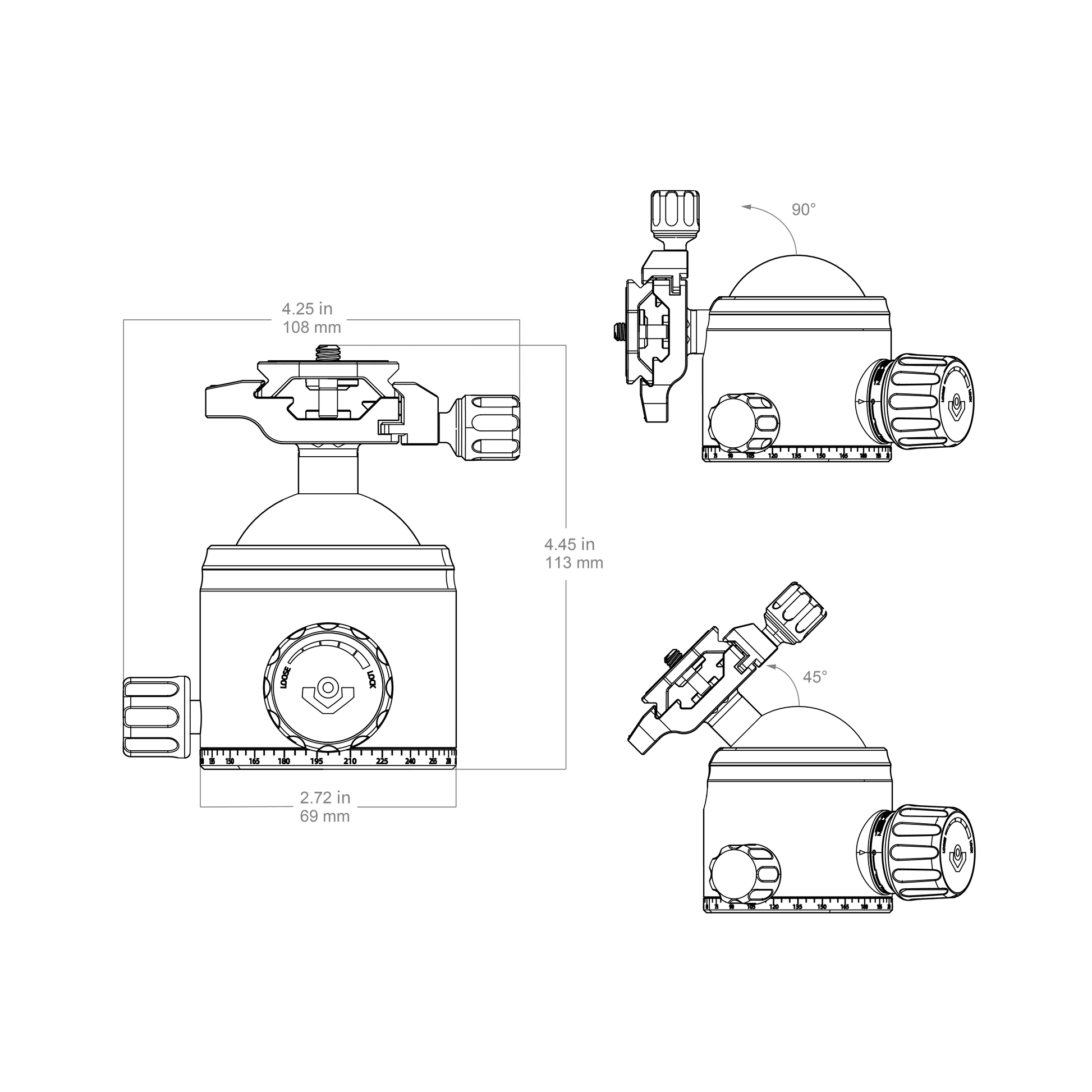 Technische Zeichnung des 56mm Kugelkopfs für Stative mit Maßangaben und Neigungswinkeln für präzise Positionierung und flexible Nutzung.