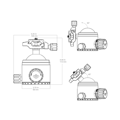 Technische Zeichnung des 56mm Kugelkopfs für Stative mit Maßangaben und Neigungswinkeln für präzise Positionierung und flexible Nutzung.