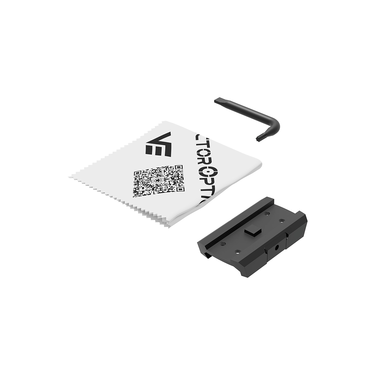 Lieferumfang des Scrapper 1×25 Mini Rotpunktvisiers: Montageplatte, Inbusschlüssel und Reinigungstuch für einfache Installation.